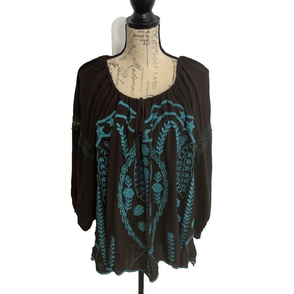 Urban Mango Tunic Top Women’s XL Brown Boho Embroidered Crochet Insets Festival - Picture 1 of 9